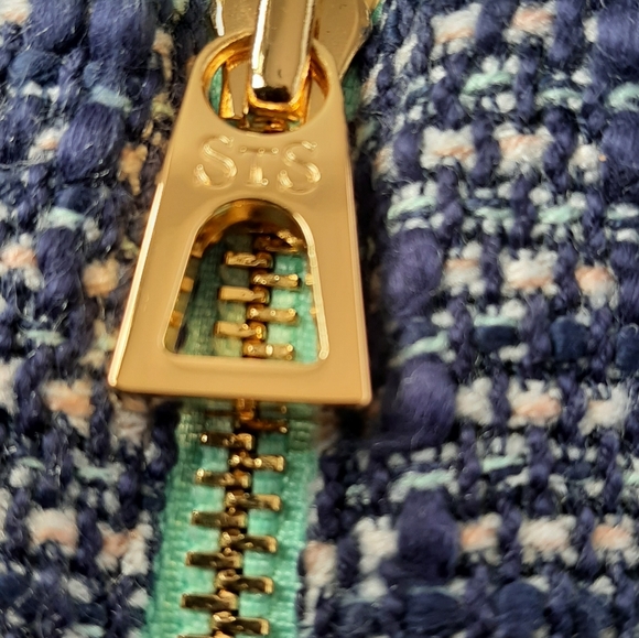 Sail to Sable STS Ruffle Sleeve Zip Up Navy Tweed Blazer Long Sleeve Blue Jacket - Picture 4 of 6